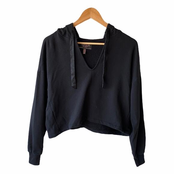 Victoria's Secret Cropped V-Neck Hoodie, Size XS, Black Pullover Sweatshirt - Picture 1 of 7